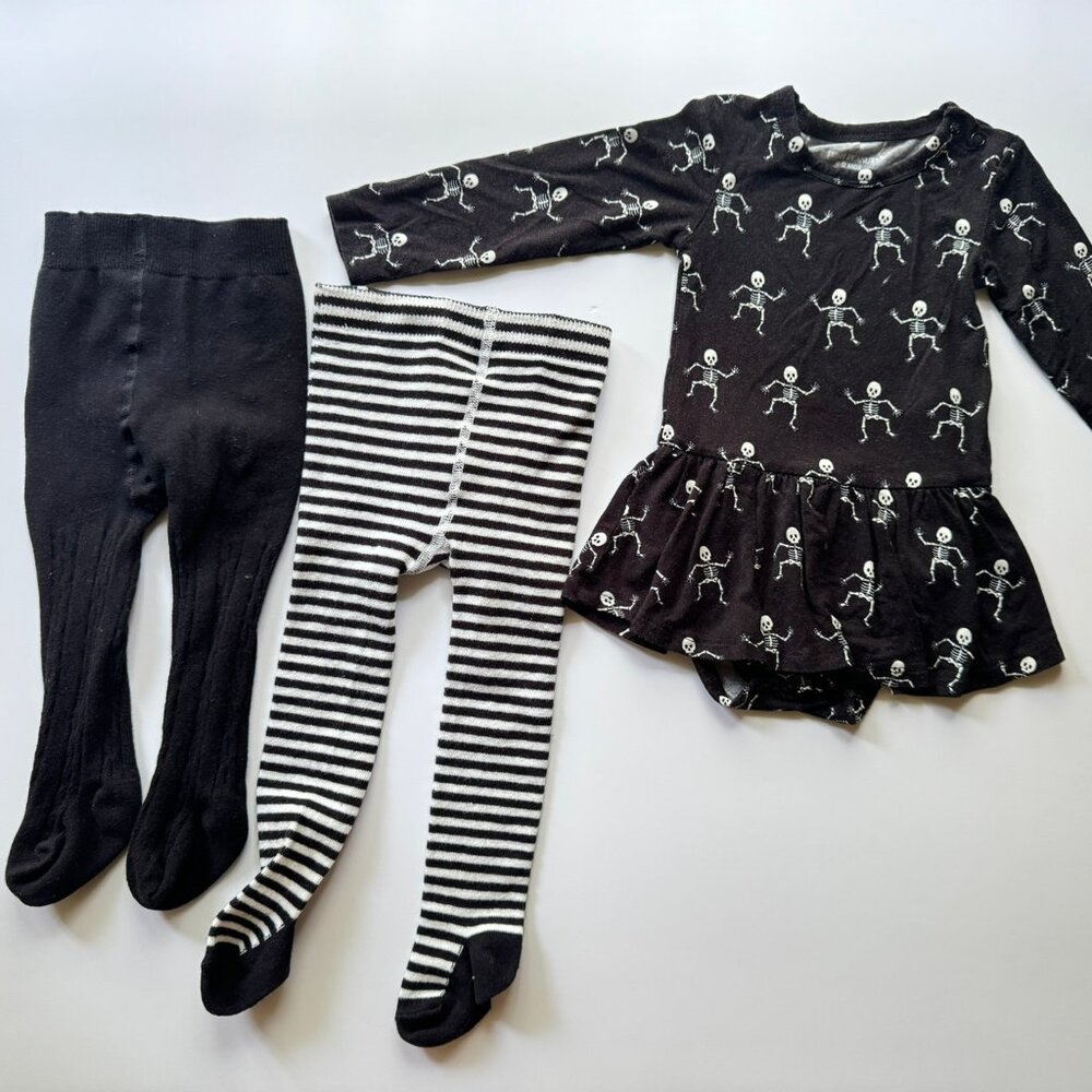 Posh Peanut Black Skeleton Dress w/ Tights Baby sz 6-12m